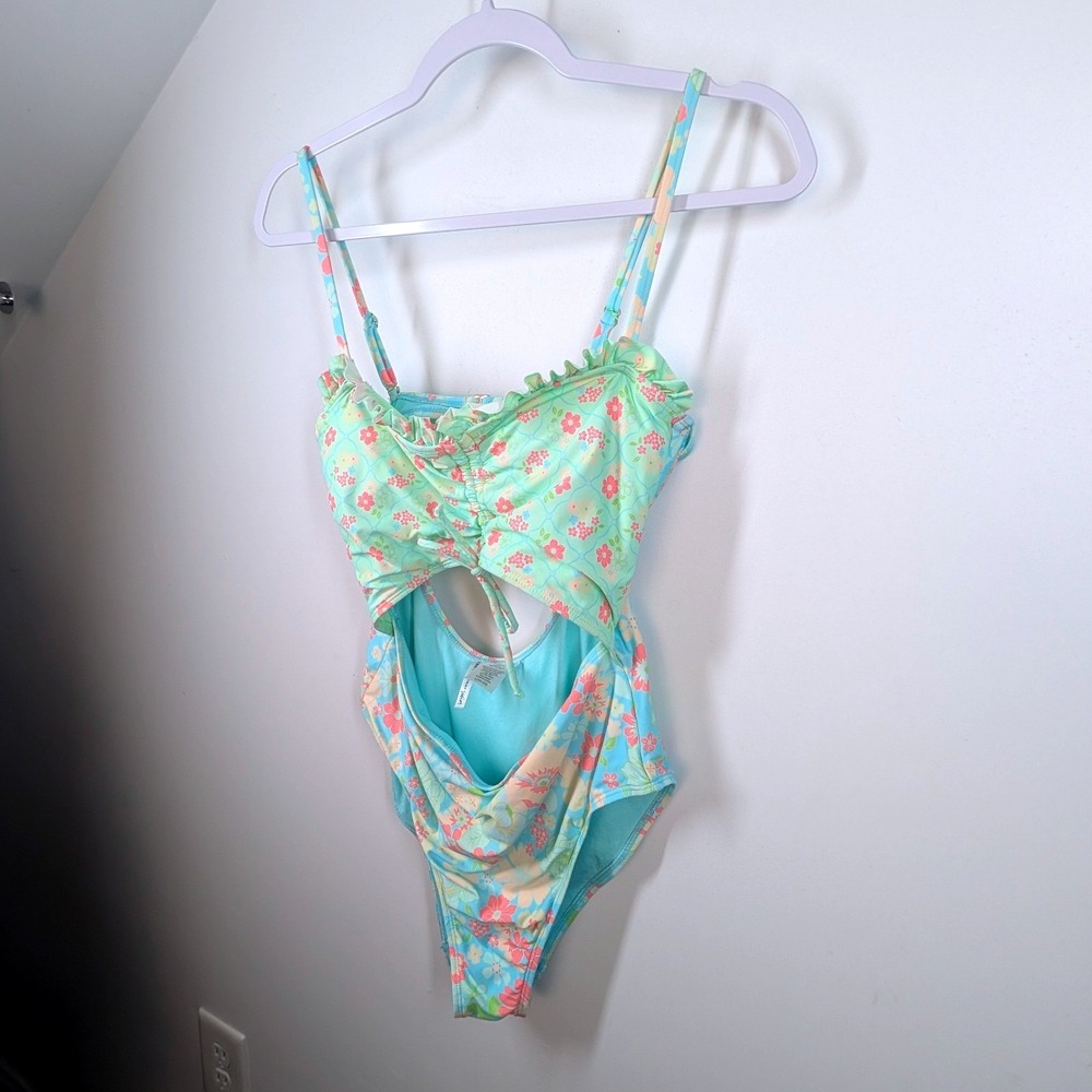 Celebrity Pink Floral Cutout One Piece Swimsuit Mint Green Pink Ruffle Large L - Picture 3 of 6